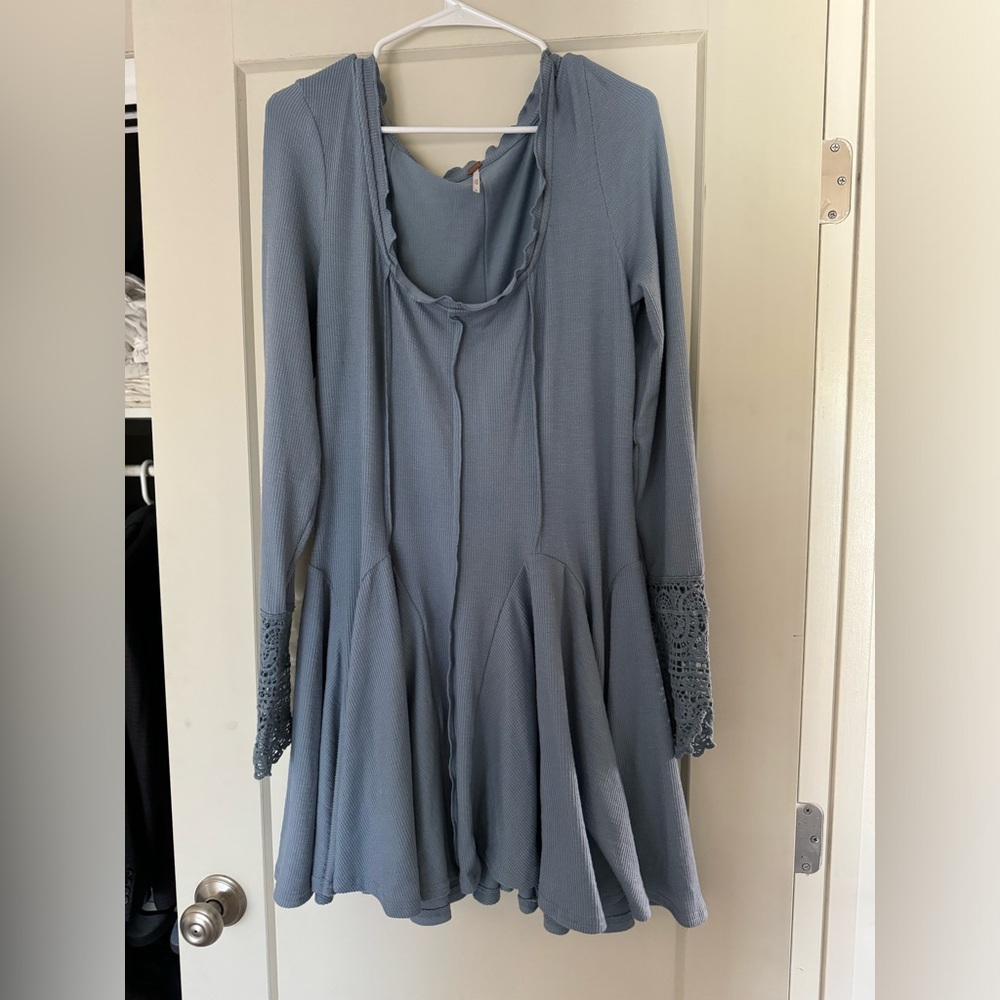 Free People Blue Swing Dress with Lace Sleeves